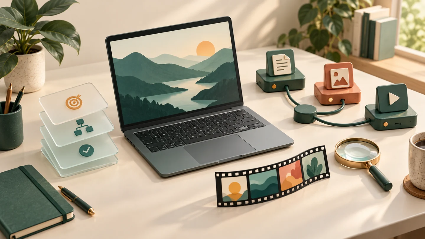 Ilustração de uma mesa de aprendizagem: computador, cartões de planejamento, etapas conectadas, filme e lupa de revisão.