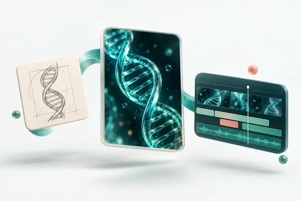 Ilustração conceitual de um desenho de DNA, uma cena de ciência e uma linha de edição de vídeo.